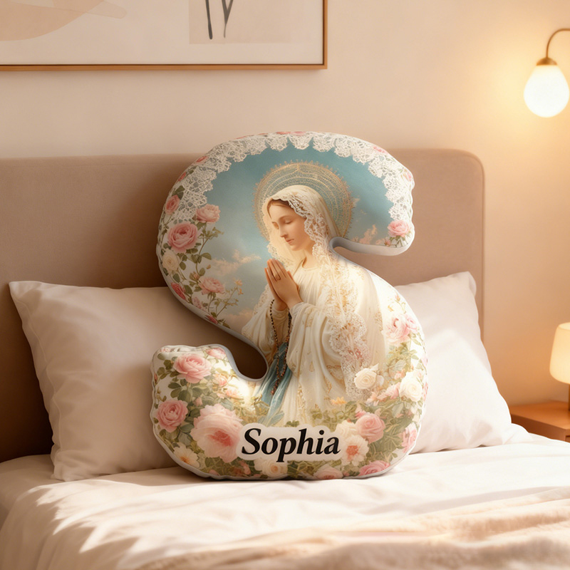 Personalized Our Lady of Grace Graphic 3D Print Letter Pillow with Custom Name Home Decor Religious Gift Catholic Faith Gift for Her