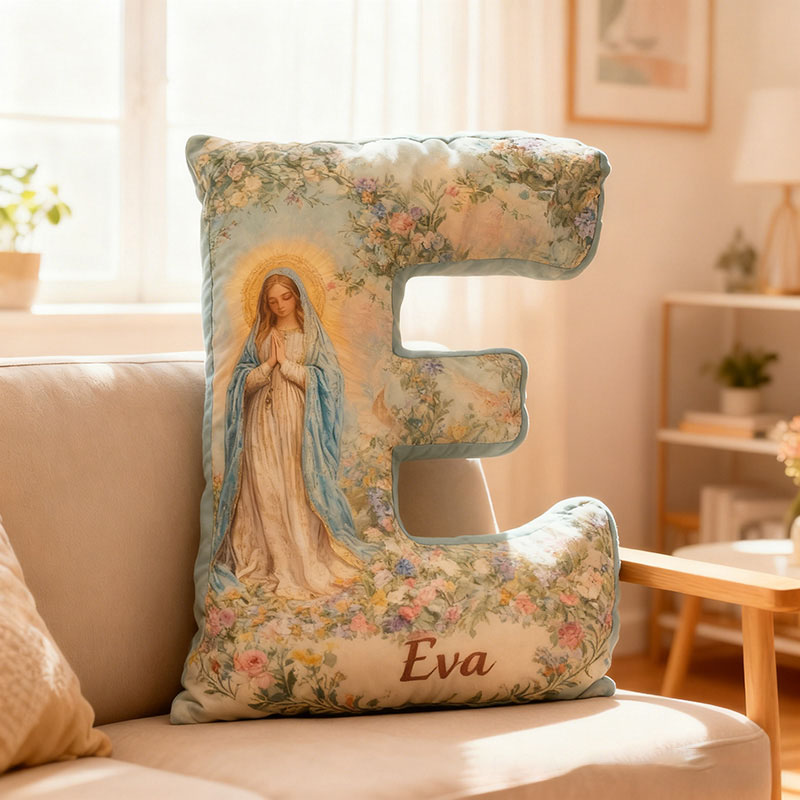 Personalized Floral Virgin Mary Graphic 3D Print Letter Pillow with Custom Name Home Decor Religious Gift Catholic Faith Gift for Her