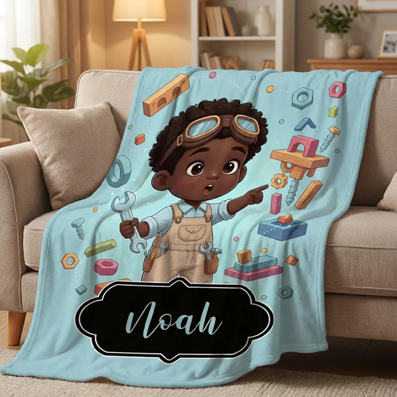 Personalized Cute Cartoon Little Dreamer Black Boy Soft Throw Blanket with Name Home Decor Birthday Gift for Geek Lover