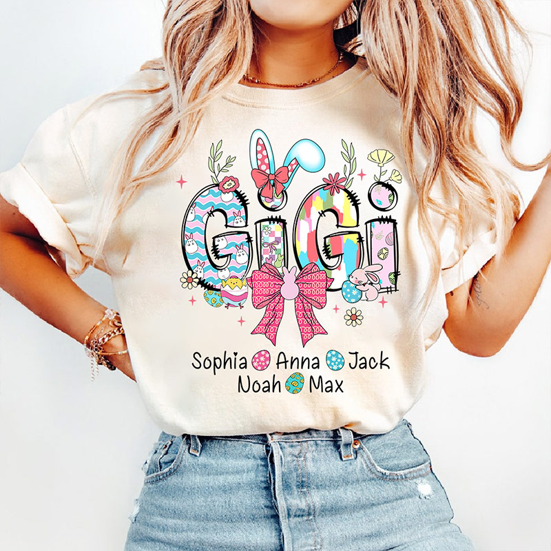 Personalized Gigi Easter Shirt with Grandkids Names, Cute Bunny Spring Family Tee Easter Gift for Grandma