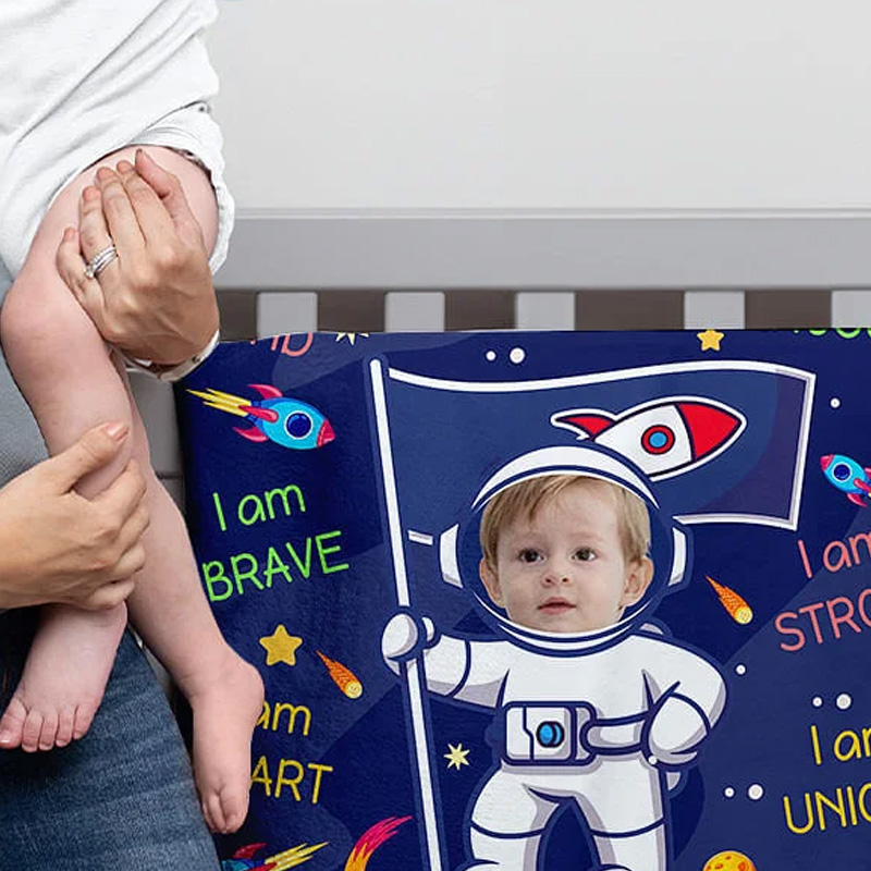 Personalized Cute Astronaut Galaxy Photo Name Throw Blanket with Positive Affirmations Phrase Birthday Gift for Geek Lover