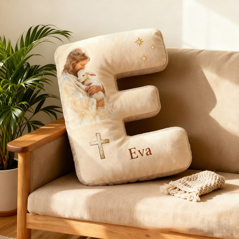 Personalized Jesus Lamb Letter Pillow with Custom Name Religious Home Decor Christian Gift Faith Prayer Gift Graphic 3D Print Pillow 