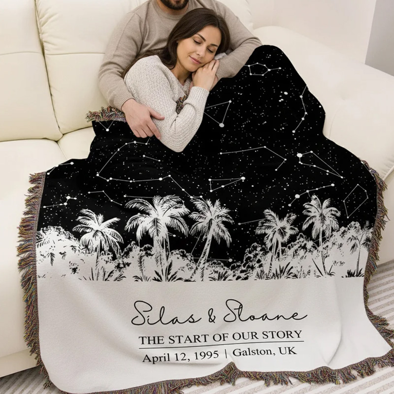 Personalized Star Map Moon Phase Soft Throw Blanket with Name Title Date and Location Home Decor Valentine's Day Wedding Anniversary Gift for Couple Geek Lover
