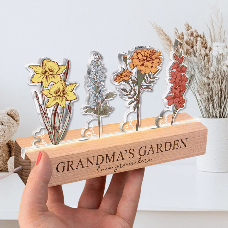 Personalized Birth Flower Acrylic LED Light With Kids Name Mom's Garden Night Light Custom Crystal Flower Display Wooden Base Birth Month Floral Decor Mother's Day Gift for Mom