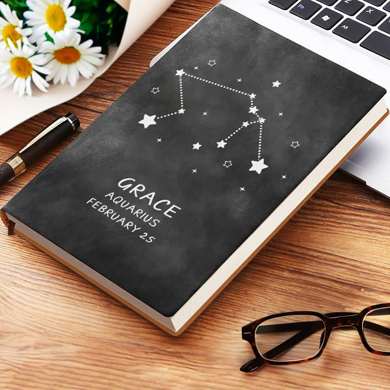 Personalized Zodiac Name Leather Notebook Birthday Gift for Astrology Geek Lovers