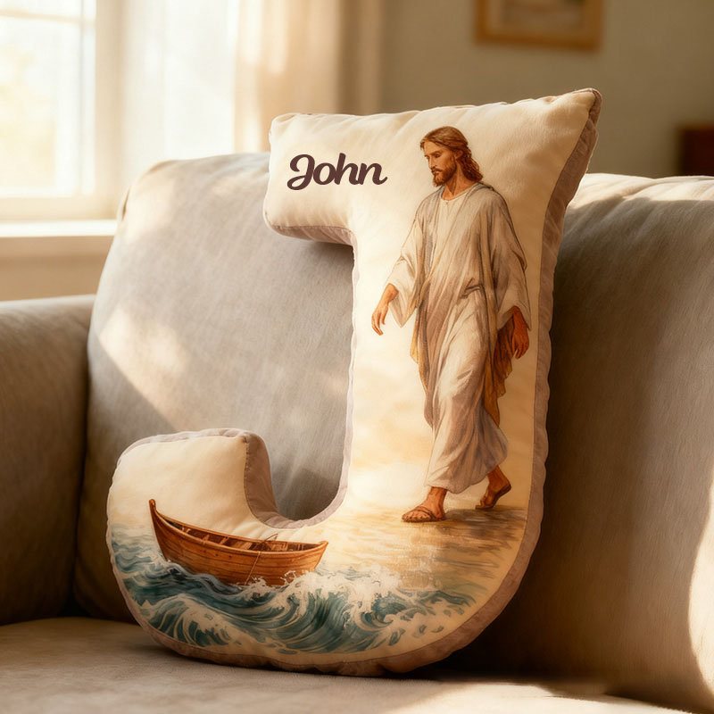 Personalized Jesus Walks on Water Letter Pillow with Custom Name Religious Home Decor Christian Gift Faith Prayer Gift Graphic 3D Print Pillow 