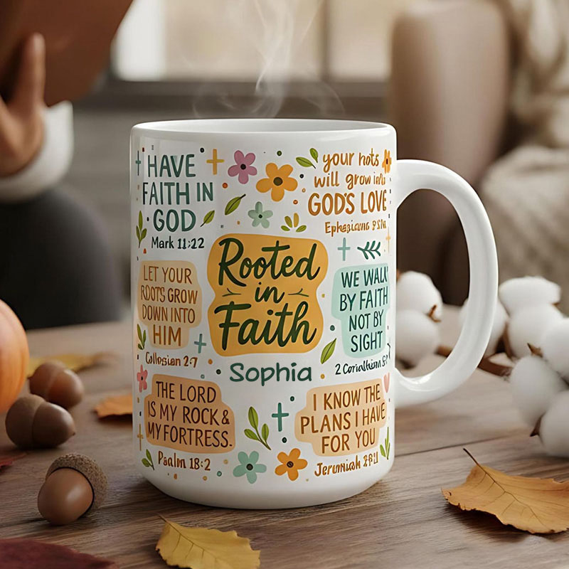Personalized Rooted in Faith Bible Verse Ceramic Mug with Name Jesus Encouragement Coffee Mug Religious Christian Gift