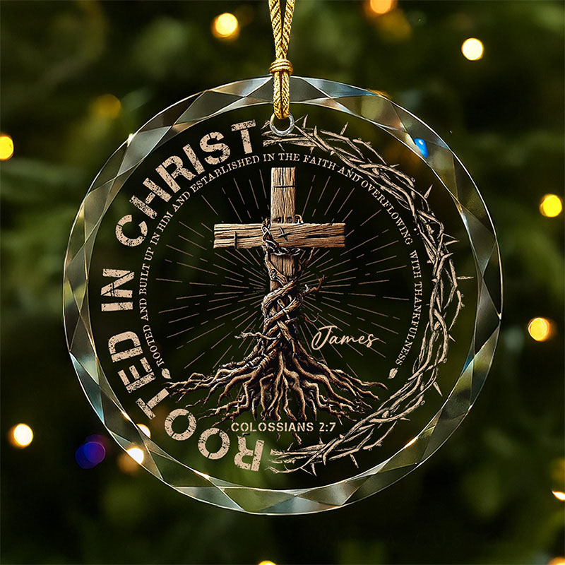 Personalized Rooted in Christ Round Shaped Glass Ornament with Custom Name Regilious Christmas Tree Decor Christian Gift