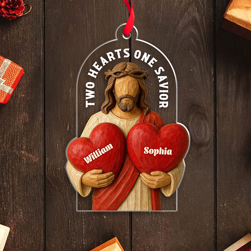 Personalized Two Hearts One Savior Acrylic Christmas Ornament with Custom Name Religious Gift Christmas Tree Decor Christian Gift for Couple