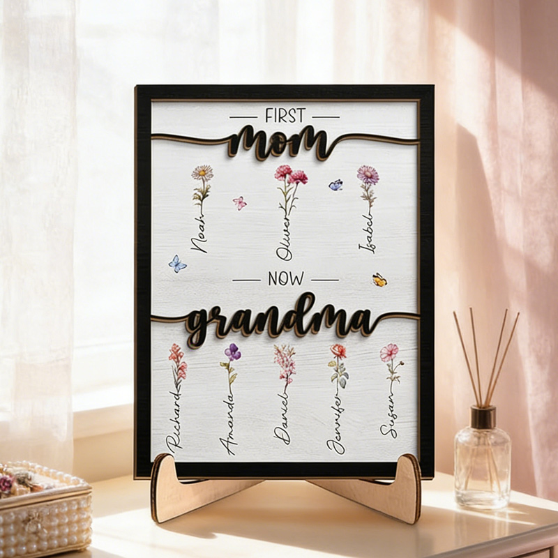 Personalized Birth Month Flower First Mom Now Grandma Custom Two-layer Wooden Plaque Gift for Grandma Grandparent Mother's Day Birthday