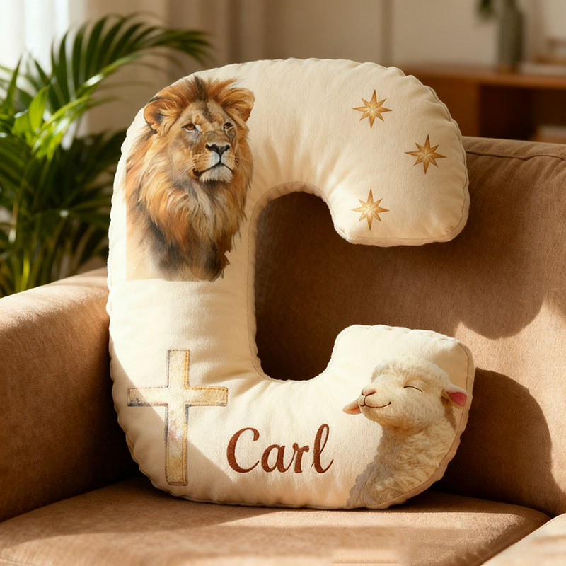 Personalized Lion and Lamb Letter Pillow with Custom Name Religious Home Decor Christian Gift Faith Gift Graphic 3D Print Pillow for Women and Men