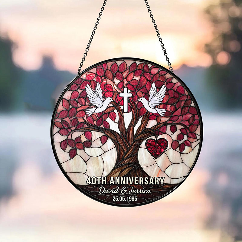 Personalized Dove Cross Christian Wedding Anniversary Stained Glass Suncatcher Ornament with Custom Name Window Hanging Decor Religious Gift for Couple Wedding Gift