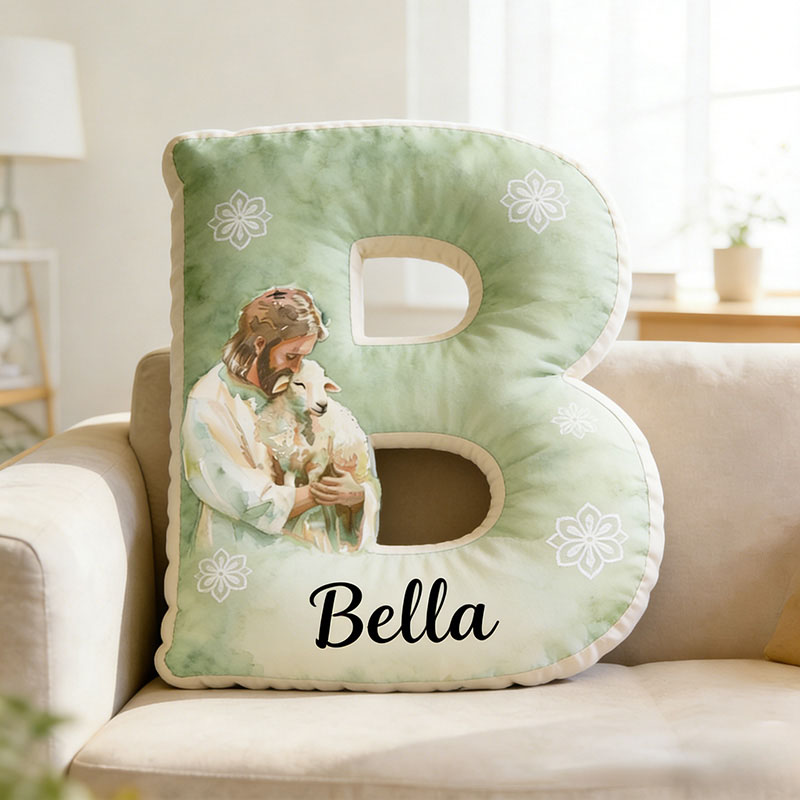 Personalized Jesus and Lamb Green Letter Pillow with Custom Name Religious Home Decor the Lost Sheep Graphic 3D Print Pillow Faith Gift