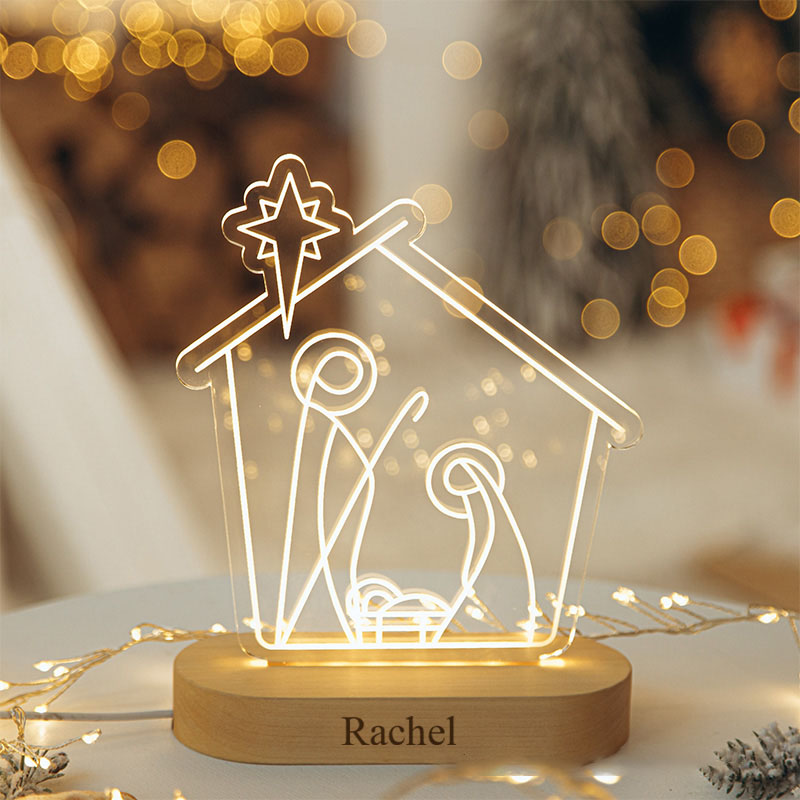 Personalized Nativity Scene LED Night Light with Name Wooden Base Home Decor Religious Gift Christmas Gift for Kid