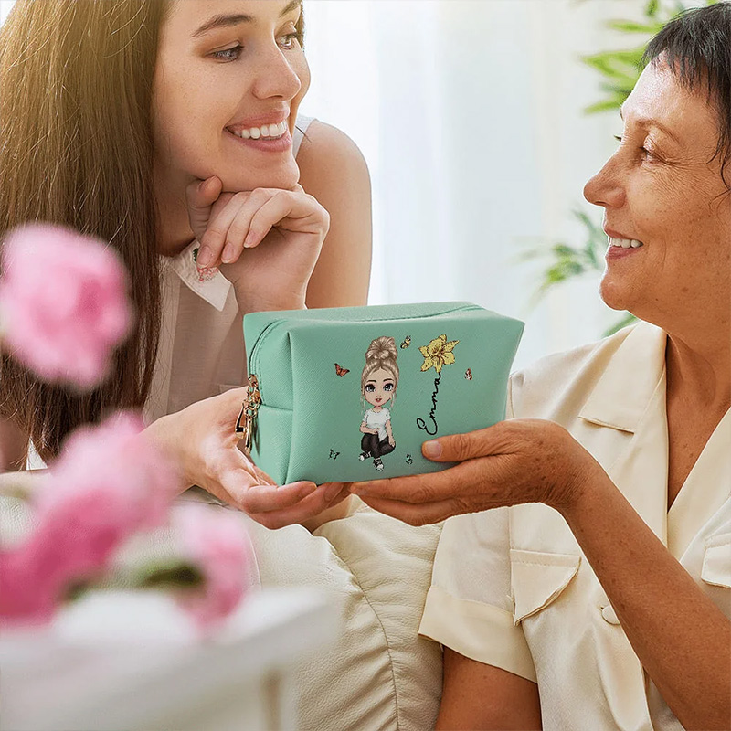 Personalized Cartoon Character Leather Makeup Pouch Bag with Birth Flower and Name Portable Bride Essentials Birthday Bridesmaid Gift for Women Girls