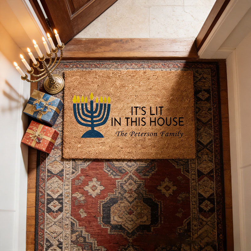 Personalized It's Lit in this House Doormat with Custom Family Name Non-Slip Durable Front Door Decor Hanukkah Doormat Religious Gift