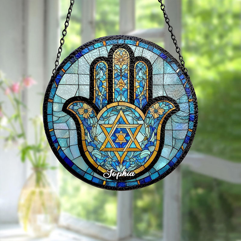 Personalized Hamsa Hand Star of David Stained Glass Suncatcher Ornament with Custom Name Jewish Festival Window Hanging Decor Hanukkah Gift Religious Gift