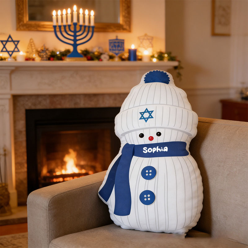 Personalized Hanukkah Snowman with Custom Name Pillow Religious Home Decor Happy Hanukkah Gift for Jewish Family Gift for Kid