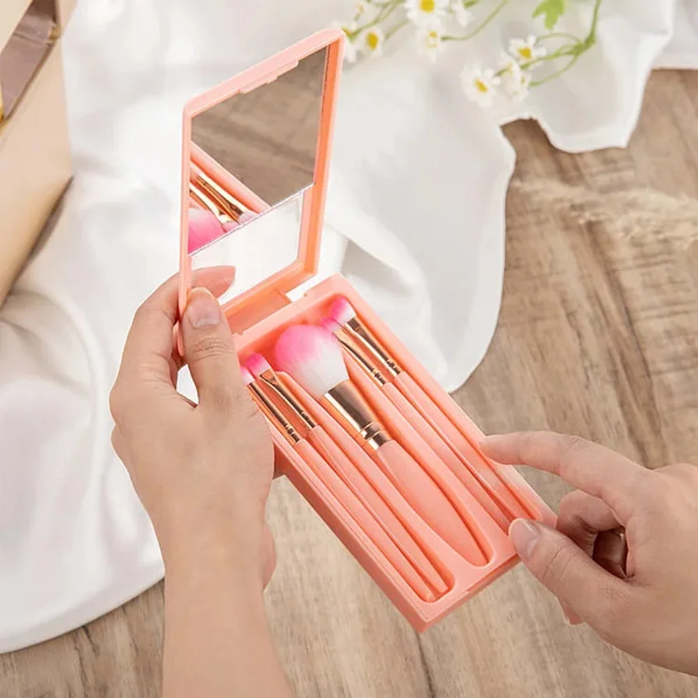 Personalized Birth Flower Bouquet Name Cartoon 5 Pcs Makeup Brush Bridesmaid Gift Storage Box Set with Mirror Birthday Bridal Shower Gift for Her
