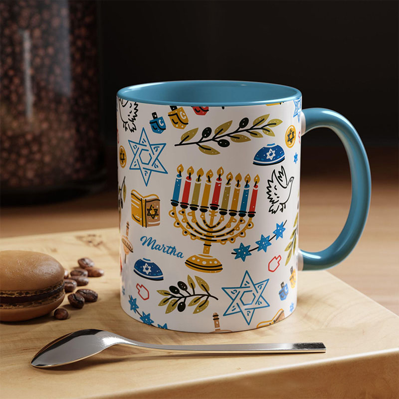 Personalized Hanukkah Menorah Ceramic Mug with Name Chanukah Coffee Mug Religious Gift Happy Hanukkah Gift for Jewish people Hanukkah