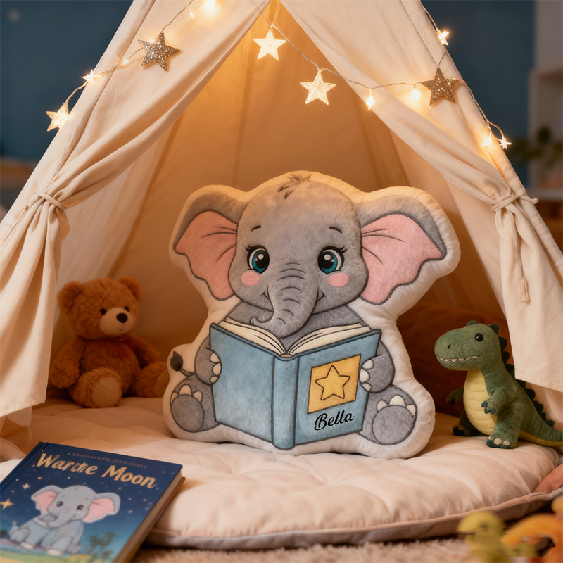 Personalized Reading Elephant Throw Pillow Graphic 3D Print Animal Pillow with Name for Kids Boys Girls Book Lover Gifts Birthday Gift