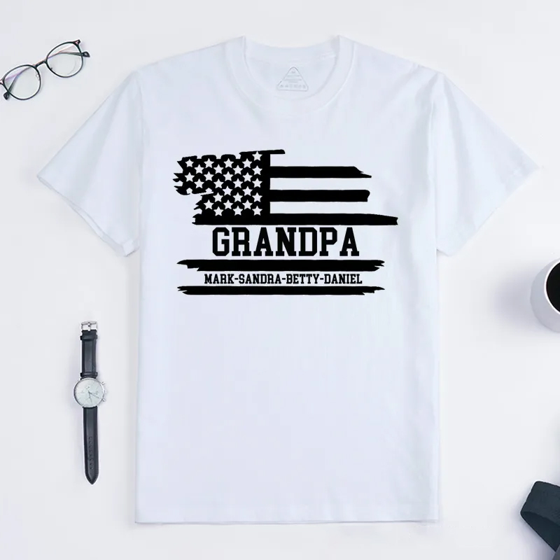 Personalized Grandpa Flag T-Shirt with Grandkids Names Gift for Grandfather Father's Day Birthday Comfortable Cotton Shirt for Men