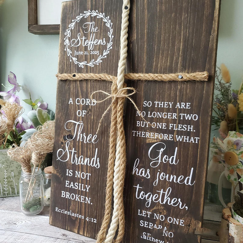 Personalized a Cord of Three Strands Wooden Wedding Sign with Custom Family Name and Date Religious Home Decor Gift for Couple Wedding Gift