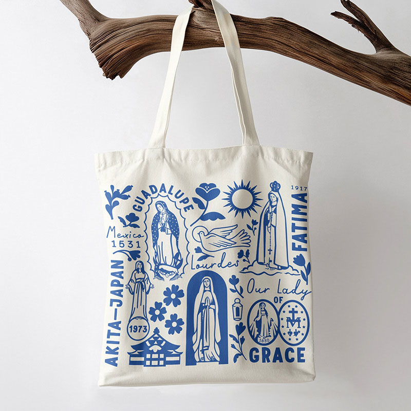 Personalized Catholic Virgin Mary Canvas Tote Bag with Name Daily Use Our Lady Bag Vintage Catholic Tote Bag Christian Gift for Women and Girls