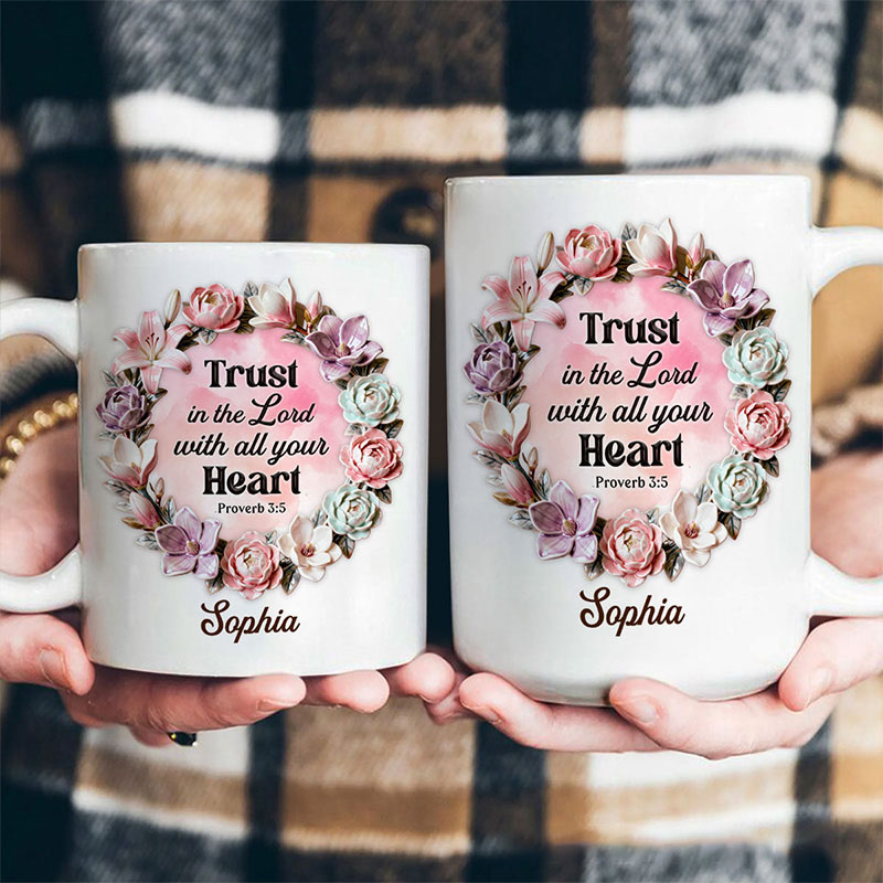 Personalized Trust in the Lord with all Your Heart Ceramic Mug with Custom Name Bible Verse Coffee Cup Valentine Gift for Women