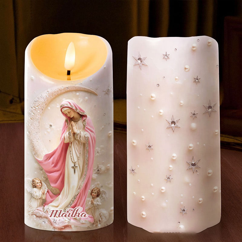Personalized Soft Light Sacred Night Virgin Mary Flameless LED Candle with Name Catholic Gift Religious Decor Prayer Faith Gift