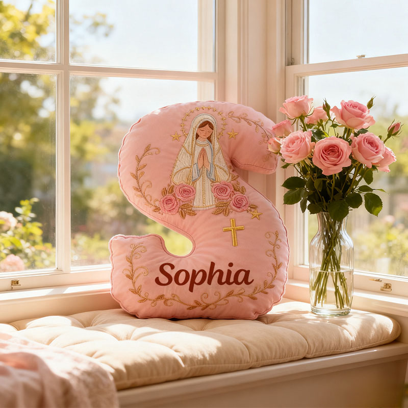 Personalized Virgin Mary Pink Letter Pillow with Custom Name Catholic Home Decor Religious Gift for Her Catholic Gift for Women Graphic 3D Print Pillow