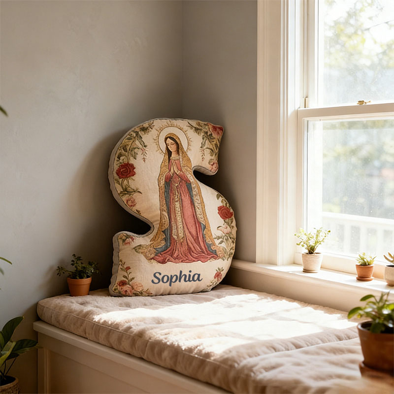 Personalized Our Lady of Guadalupe Rose Floral Graphic 3D Print Letter Pillow with Custom Name Religious Home Decor Catholic Gift for Women