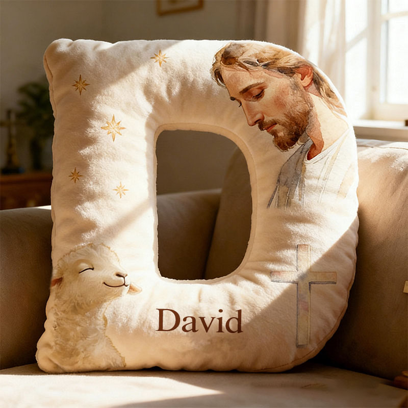 Personalized Jesus Lamb Letter Pillow with Custom Name Religious Home Decor Graphic 3D Print Pillow Christian Gift Faith Gift 