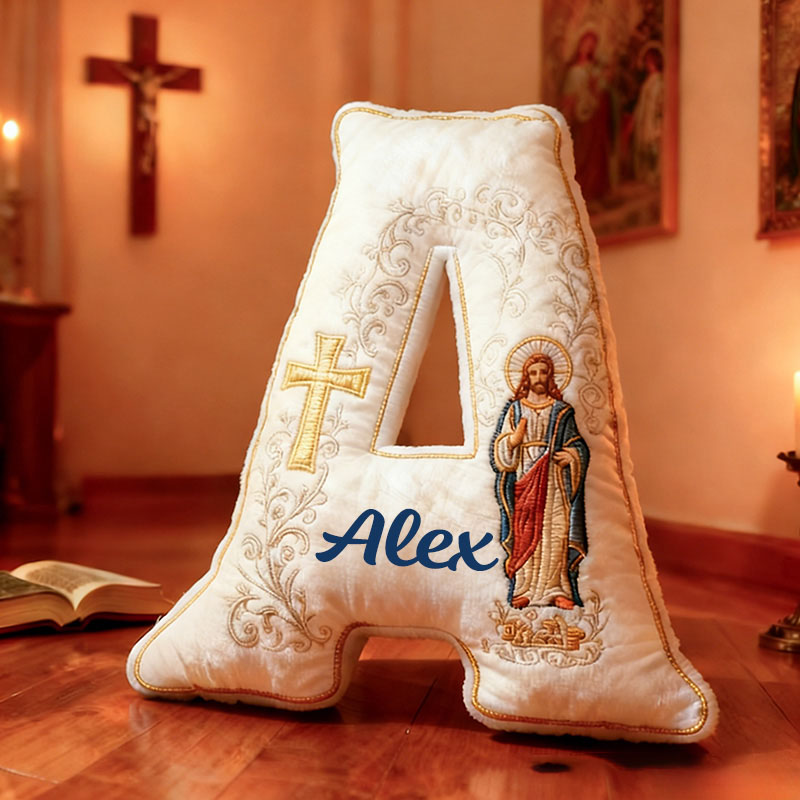 Personalized Jesus Cross Letter Pillow with Custom Name Home Decor Graphic 3D Print Pillow Religious Faith Gift for Christians Jesus Lover Gift