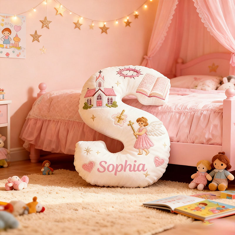 Personalized Little Angel Letter Pillow with Custom Name Kid Room Decor Church Cross Angel Bible Religious Faith Gift for Her Graphic 3D Print Pillow