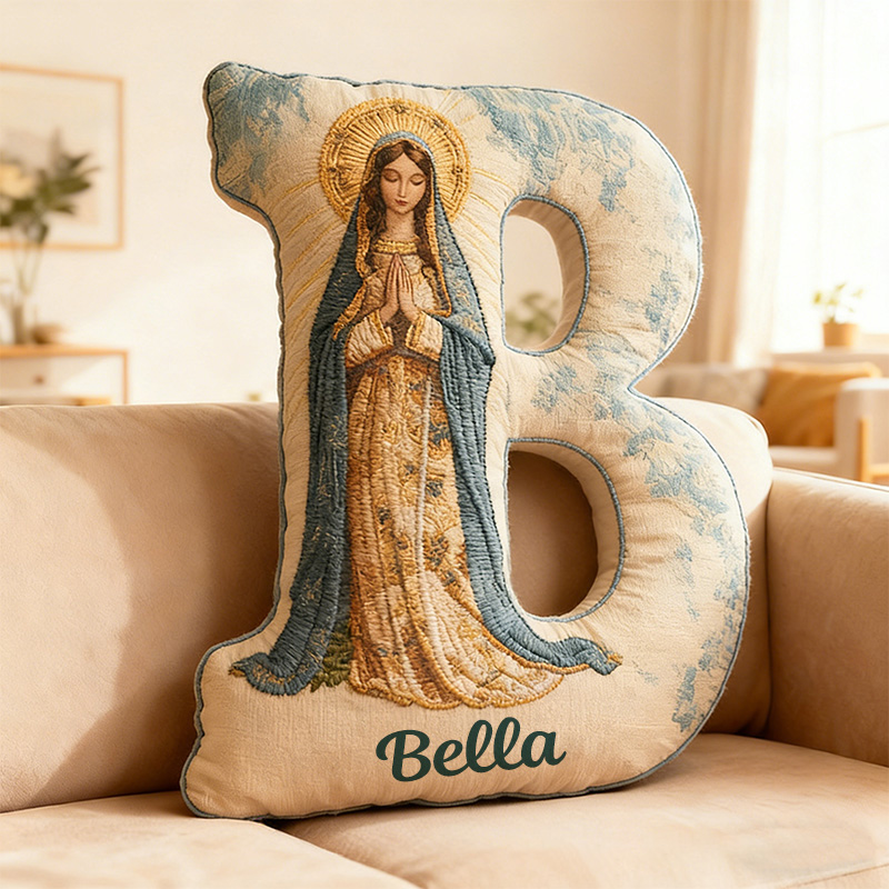 Personalized Virgin Mary Blue Letter Pillow with Custom Name Religious Home Decor Catholic Gift for Her Prayer Faith Gift Graphic 3D Print Pillow
