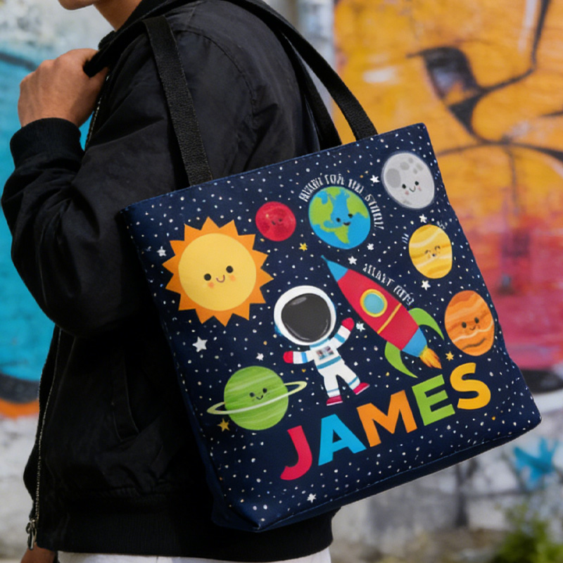 Personalized Space Tote Bag Gift Planets Spaceship Boys Daycare Bag School Rocket Solar System Treat Favor Bag for Geek Lover