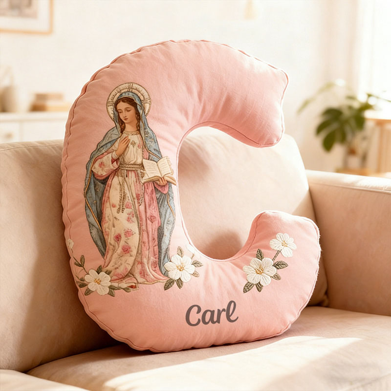 Personalized Virgin Mary Floral Letter Pillow with Custom Name Catholic Home Decor Religious Gift for Her Blessed Faith Gift Graphic 3D Print Pillow