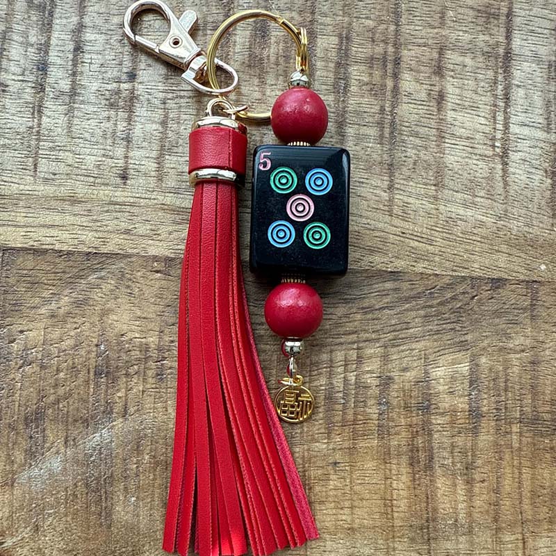 Handmade Mahjong Tile Bag Charm with Tassel Mixed Beads Mahjong Tile Keychain