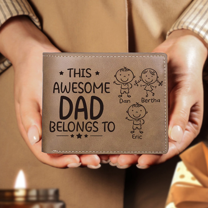 Personalised Doll Engraved Leather Men's Wallet Custome Name Folding Wallet With Kids Name for Dad Father's Day Gift