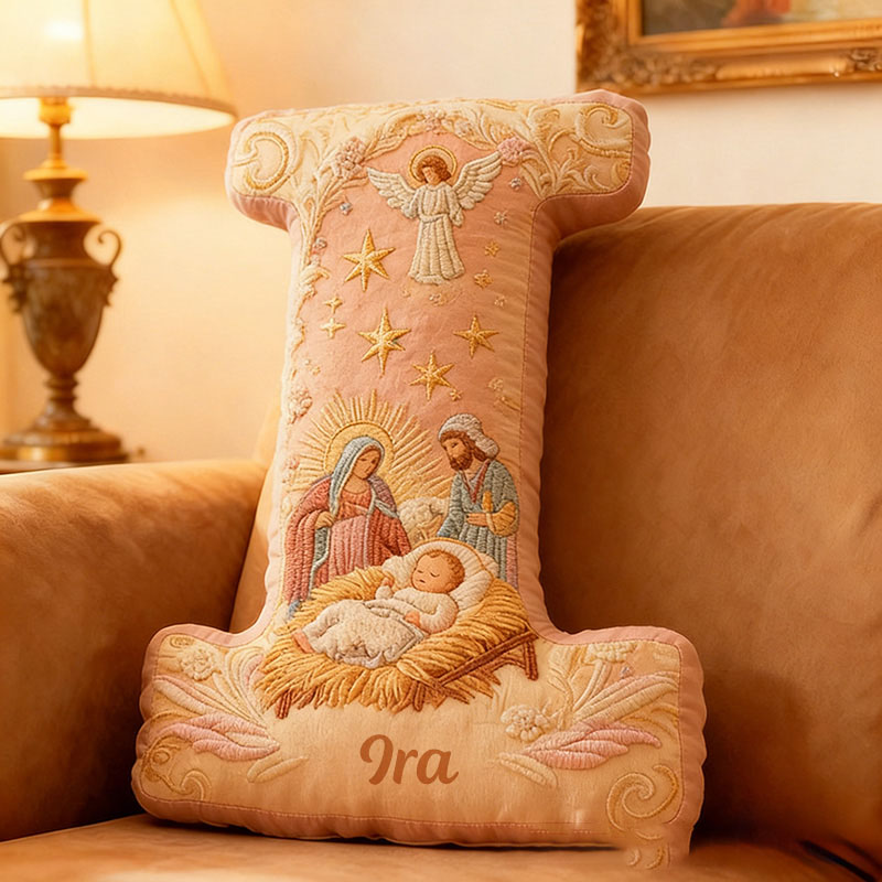 Personalized Nativity Scene Holy Family Letter Pillow with Name Christian Home Decor Religious Gift Graphic 3D Print Pillow