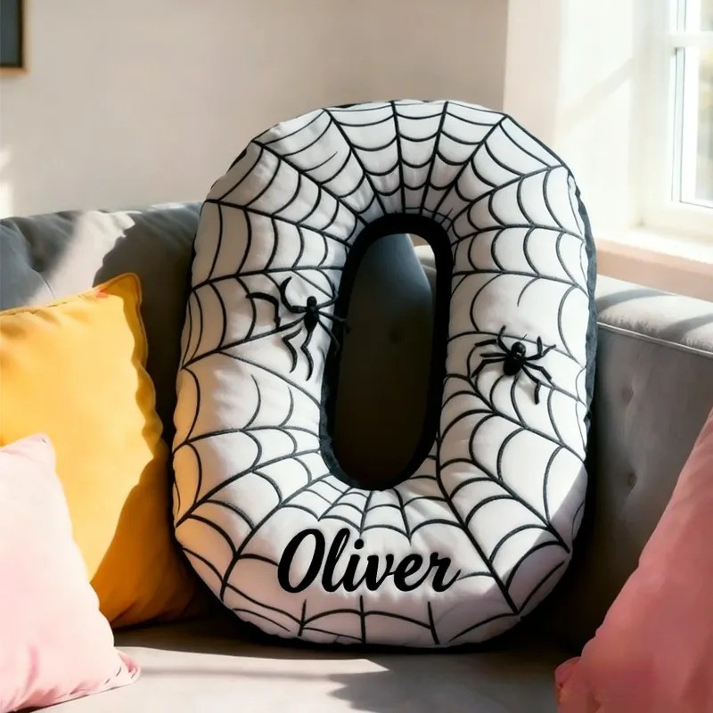 Personalized Cute Black Spider Web Initial Name Pillow Christmas Gift for Kids Family