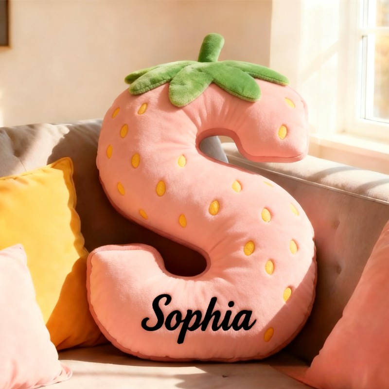 Personalized Cute Strawberry Initial Graphic 3D Print Pillow with Name Christmas Gift for Kids