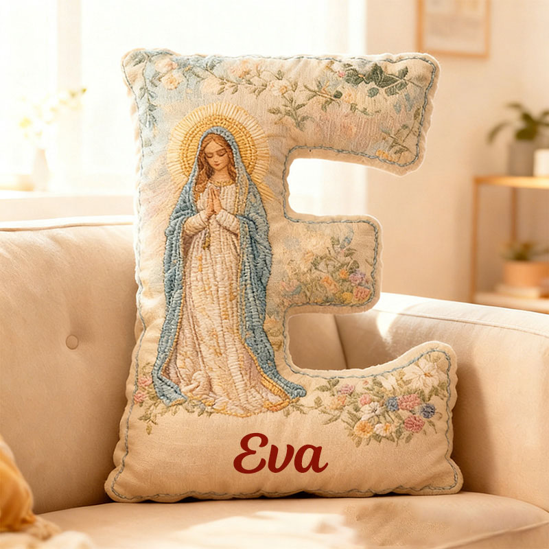 Personalized Virgin Mary Floral Letter Pillow with Custom Name Religious Home Decor Gift Catholic Gift for Her Prayer Gift Graphic 3D Print Pillow