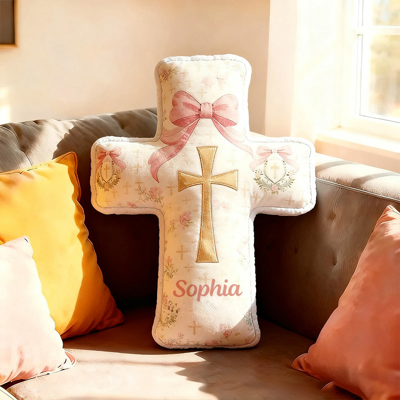 Personalized Bow Wreath Cross Pillow with Custom Name Graphic 3D Print Pillow Home Decor Christian Religious Gift for Kids Girls