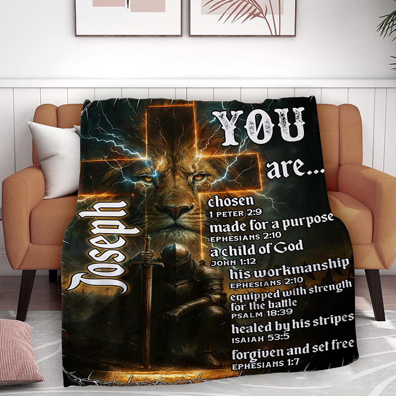 Personalized Lion of Judah You are Chosen Throw Blanket with Name Bible Verse Cross Home Decor Religious Gift Christian Gift for Men 