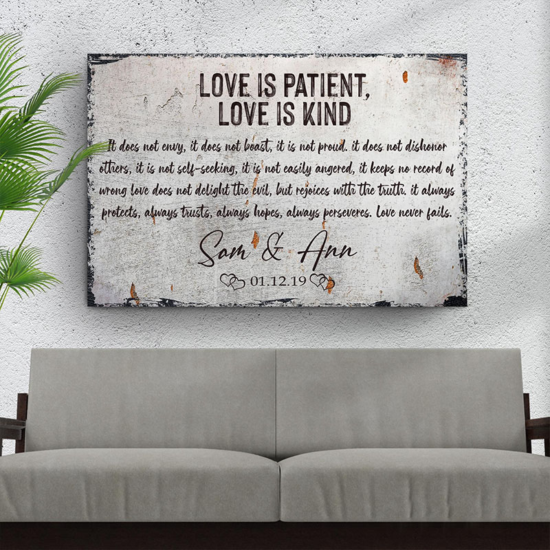 Personalized Love is Patient Love is Kind Canvas Painting with Couple Names Date Religious Gift Wedding Anniversary Gift Valentine Gift for Couple