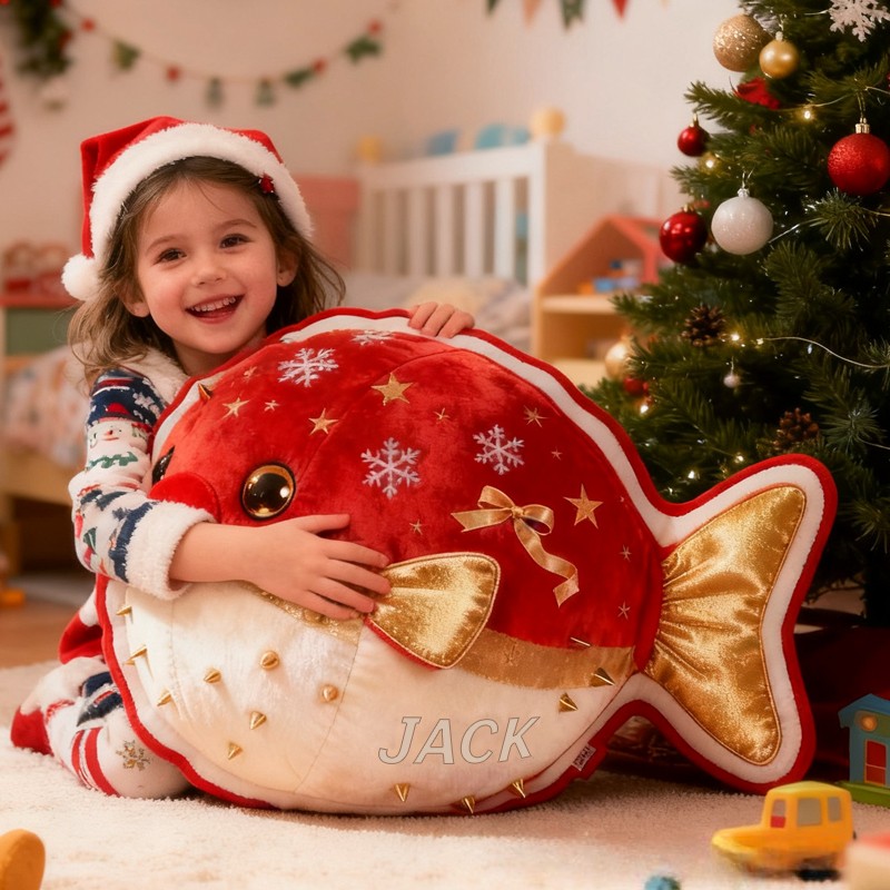 Personalized Christmas Red Pufferfish with Name Graphic 3D Print Pillow Christmas Gift for Kids Birthday Gift