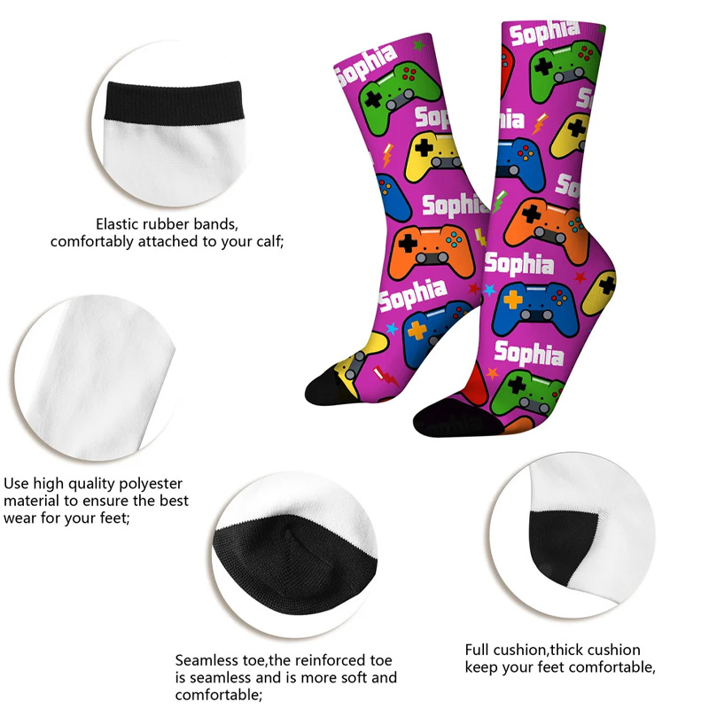 Personalized Multicolor Game Controller MidCalf Socks with Name Daily Use Birthday Gift for Game Friend Geek Lover