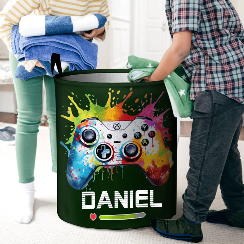Personalized Ink Splash Game Controller Waterproof Large Laundry Basket with Name and Handle Birthday Housewarming Gift for Game Friends Geek Lover